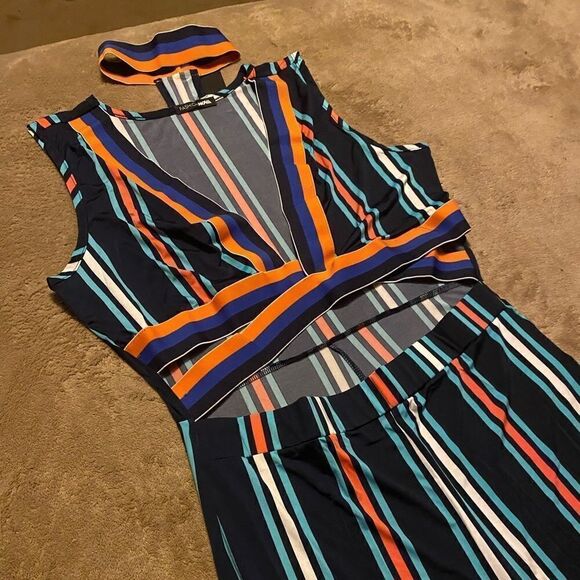 Only one left size XL Womans Navy/Multi. Striped Long Jumpsuit - Picture 6 of 10